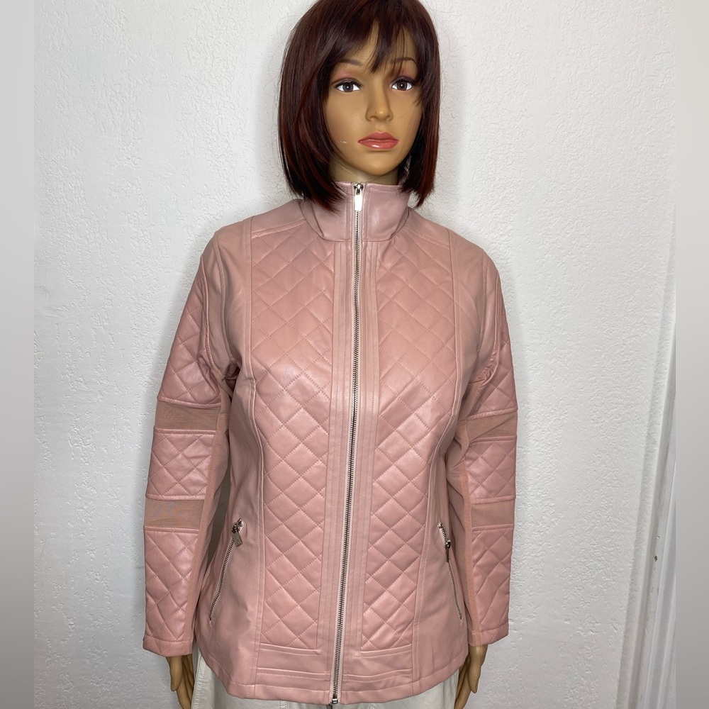 🆕 Buffbunny Faux Leather Moto Quilted Mesh Inset Full Zip Jacket Size M Pink